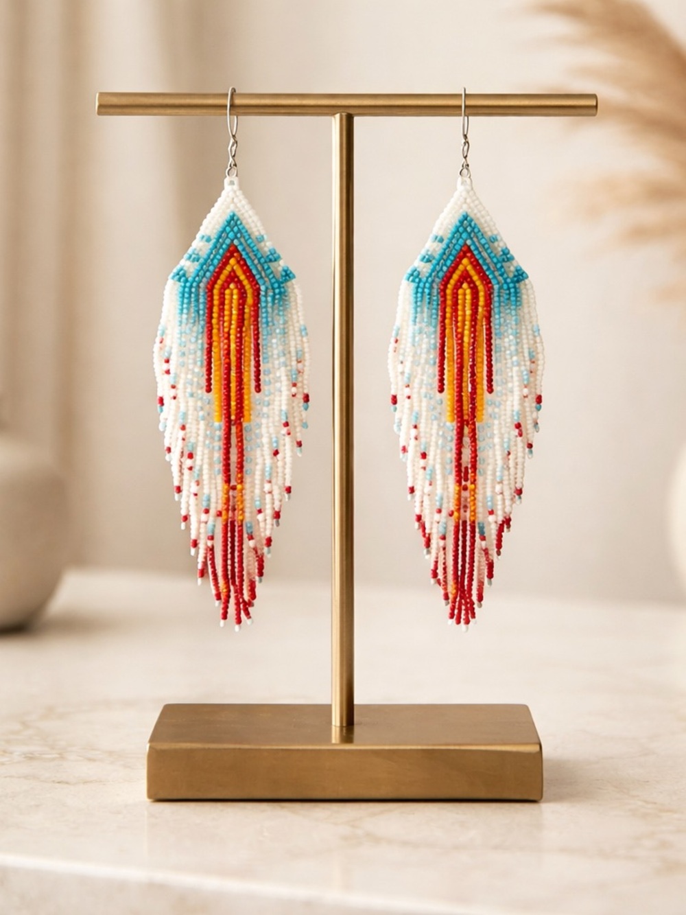Boho Western Beaded Fringe Earrings Red Blue White Statement